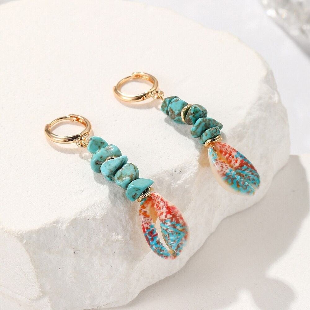 Turquoise Ethnic Style Geometric Beaded Plating Shell‎ Drop Earrings Boho Retro